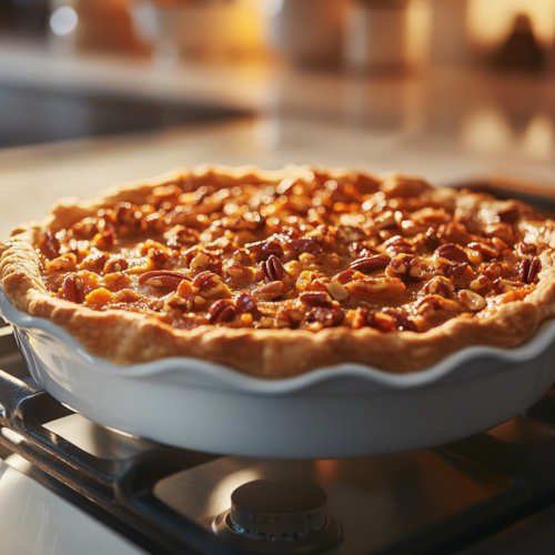 A golden-brown sweet potato pie with bubbling caramelized pecan topping, fresh out of the oven. The glossy topping glistens under warm kitchen lighting