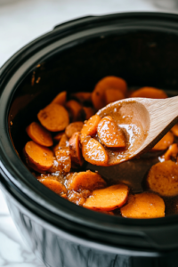 A close-up shot of the black slow cooker on the white marble cooktop as the rich, buttery brown sugar mixture is being poured over the bright orange sweet potatoes. A wooden spoon is used to gently toss and coat the potatoes evenly, ensuring every piece is covered in the glossy, spiced glaze.