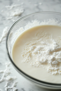 A glass bowl with whisked egg yolks and cornstarch, with hot coconut mixture being slowly poured in. A whisk rests beside the bowl on the white marble cooktop.
