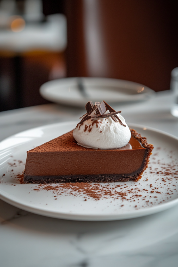A slice of chocolate pie on a white plate, placed on a white marble countertop. A dollop of whipped cream rests on top, with chocolate shavings sprinkled over the rich, velvety filling.