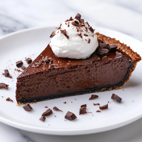 A slice of chocolate pie on a white plate, placed on a white marble countertop. A dollop of whipped cream rests on top, with chocolate shavings sprinkled over the rich, velvety filling. A slice of chocolate pie on a white plate, placed on a white marble countertop. A dollop of whipped cream rests on top, with chocolate shavings sprinkled over the rich, velvety filling.