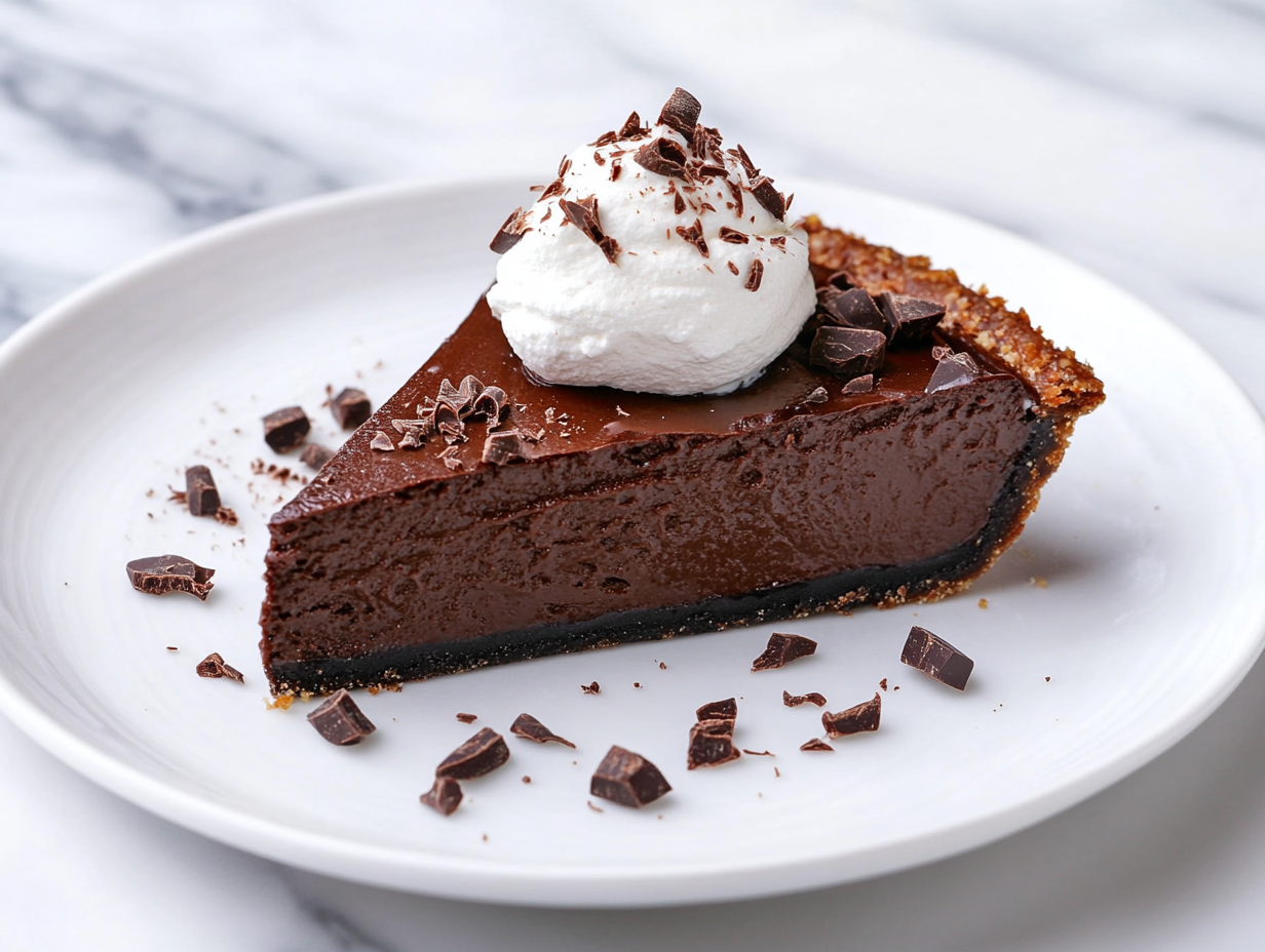 A slice of chocolate pie on a white plate, placed on a white marble countertop. A dollop of whipped cream rests on top, with chocolate shavings sprinkled over the rich, velvety filling. A slice of chocolate pie on a white plate, placed on a white marble countertop. A dollop of whipped cream rests on top, with chocolate shavings sprinkled over the rich, velvety filling.