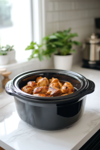A black crockpot on a white marble cooktop with the lid securely placed on top. The slow cooker is set to Low, allowing the chicken to cook slowly until it becomes tender and infused with the rich honey garlic flavors.