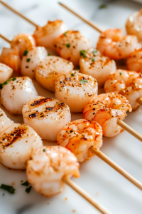 Wooden skewers being threaded with marinated shrimp and scallops on a white marble cooktop. The seafood is arranged in an alternating pattern, creating a visually appealing and balanced kabob.