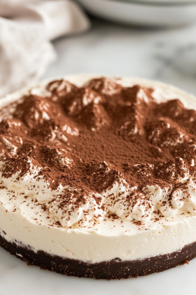 Close-up shot of the finished Kahlua Cheesecake topped with a dusting of cocoa powder and Kahlua whipped cream, ready to be served on a decorative plate.