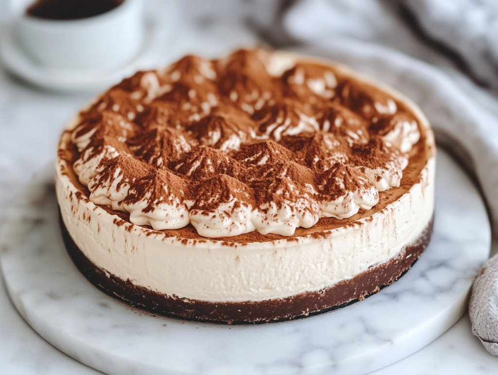 Close-up shot of the finished Kahlua Cheesecake topped with a dusting of cocoa powder and Kahlua whipped cream, ready to be served on a decorative plate.
