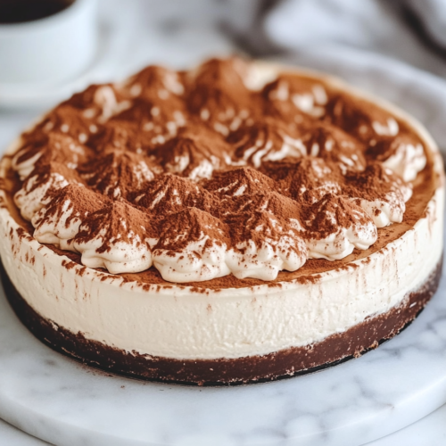 Close-up shot of the finished Kahlua Cheesecake topped with a dusting of cocoa powder and Kahlua whipped cream, ready to be served on a decorative plate.