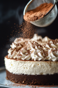 Close-up shot of the finished Kahlua Cheesecake topped with a dusting of cocoa powder and Kahlua whipped cream, ready to be served on a decorative plate.