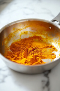 Curry powder being added to a skillet, turning a golden hue and sizzling with the vegetables. The spice is aromatic and forming a delicious base.