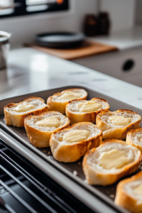 A baking sheet on a white marble cooktop, with halved French bread rolls spread with butter, toasting in the oven until golden brown and crispy, ready to hold the shredded beef.