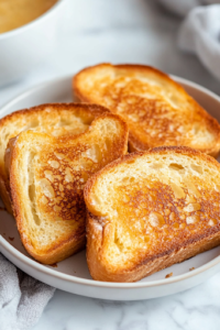 A close-up shot of a rustic wooden tray holding several slices of golden-brown toasted French bread. The bread has a perfectly crispy crust with a soft, airy interior, ready to be placed on the soup for the final broiled topping.