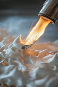 Close-up shot of a spoon spreading fluffy vegan meringue over the chilled lemon pie, creating decorative peaks. A blowtorch gently toasts the tips to golden perfection.