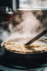 A knife making small slits on the top dough crust of the pie, releasing steam as a final step before baking. The pie sits on the white marble cooktop, ready to be baked.