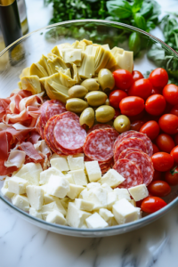 A close-up of a wooden spoon gently tossing the vibrant antipasto salad in a glass bowl over a white marble cooktop, blending all the flavors together for a delicious, well-balanced dish.