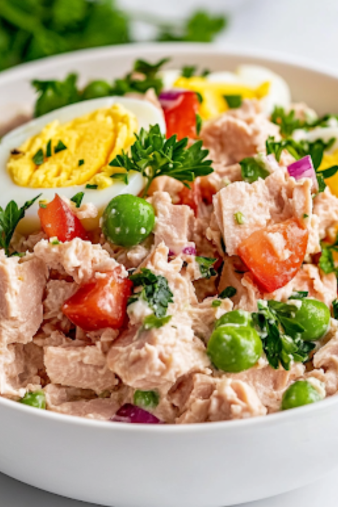 A close-up shot of the completed tuna salad in a white serving bowl on the white marble cooktop. The creamy mixture is garnished with freshly chopped parsley, and a spoon rests on the side, ready to serve.