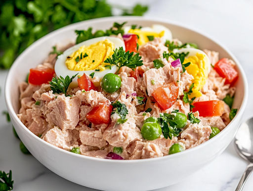 A close-up shot of the completed tuna salad in a white serving bowl on the white marble cooktop. The creamy mixture is garnished with freshly chopped parsley, and a spoon rests on the side, ready to serve.