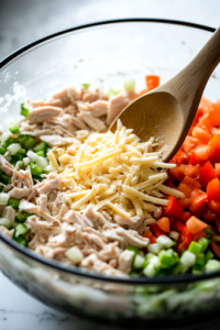 A large mixing bowl filled with chopped cooked turkey, sautéed vegetables, and freshly shredded Gruyère cheese, ready to be combined. A wooden spoon is stirring the ingredients together, evenly coating them with melted cheese.