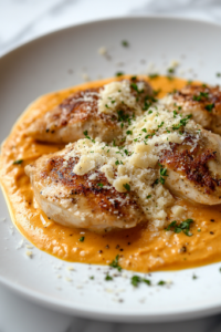 A white plate on a white marble cooktop, featuring a beautifully plated serving of creamy Tuscan chicken over pasta, garnished with freshly grated Parmesan. The silky sauce clings to the pasta, creating a mouthwatering and comforting dish.