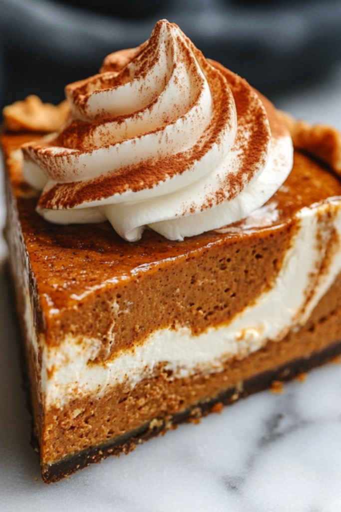 Close-up shot of a perfectly sliced piece of vegan pumpkin pie on a white marble plate, topped with a swirl of vegan whipped cream. The remaining pie rests in the black baking pan, ready to be served.