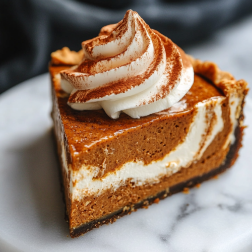 Close-up shot of a perfectly sliced piece of vegan pumpkin pie on a white marble plate, topped with a swirl of vegan whipped cream. The remaining pie rests in the black baking pan, ready to be served.