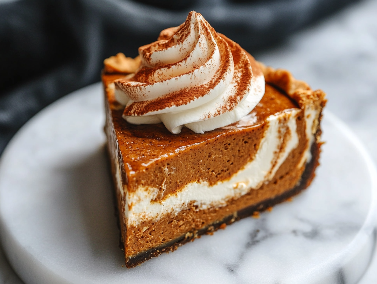 Close-up shot of a perfectly sliced piece of vegan pumpkin pie on a white marble plate, topped with a swirl of vegan whipped cream. The remaining pie rests in the black baking pan, ready to be served.
