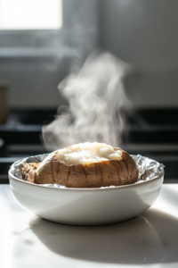 A close-up shot of a fully cooked baked potato being carefully unwrapped from its foil in a rustic serving dish. Wisps of steam rise from its soft, fluffy interior, making it ready to be topped with butter, cheese, or any favorite toppings.