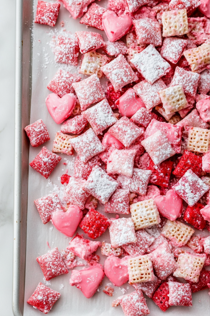 A baking sheet with both pink and red sugar-coated Chex cereal drying, ready to serve.