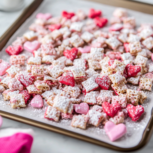 A baking sheet with both pink and red sugar-coated Chex cereal drying, ready to serve.