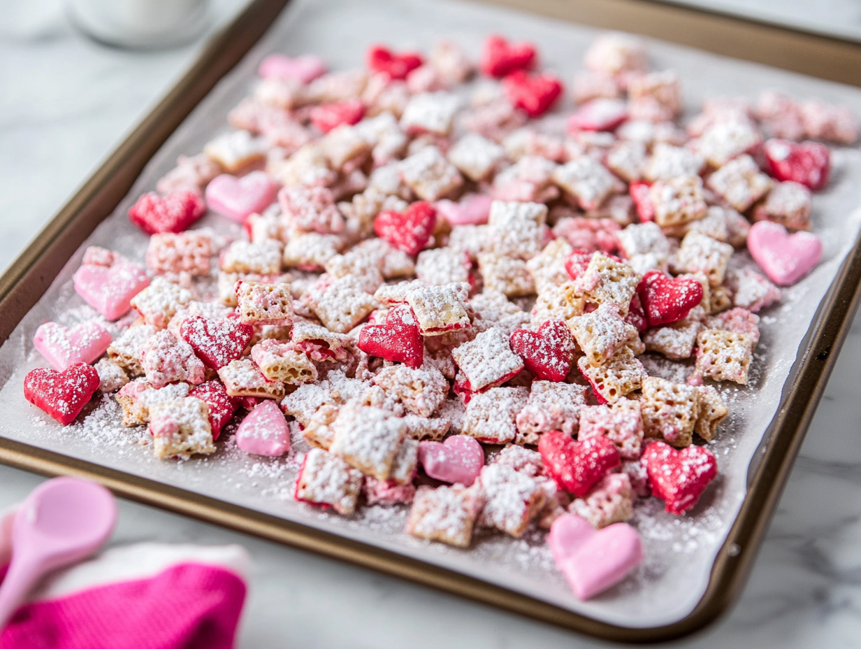 A baking sheet with both pink and red sugar-coated Chex cereal drying, ready to serve.