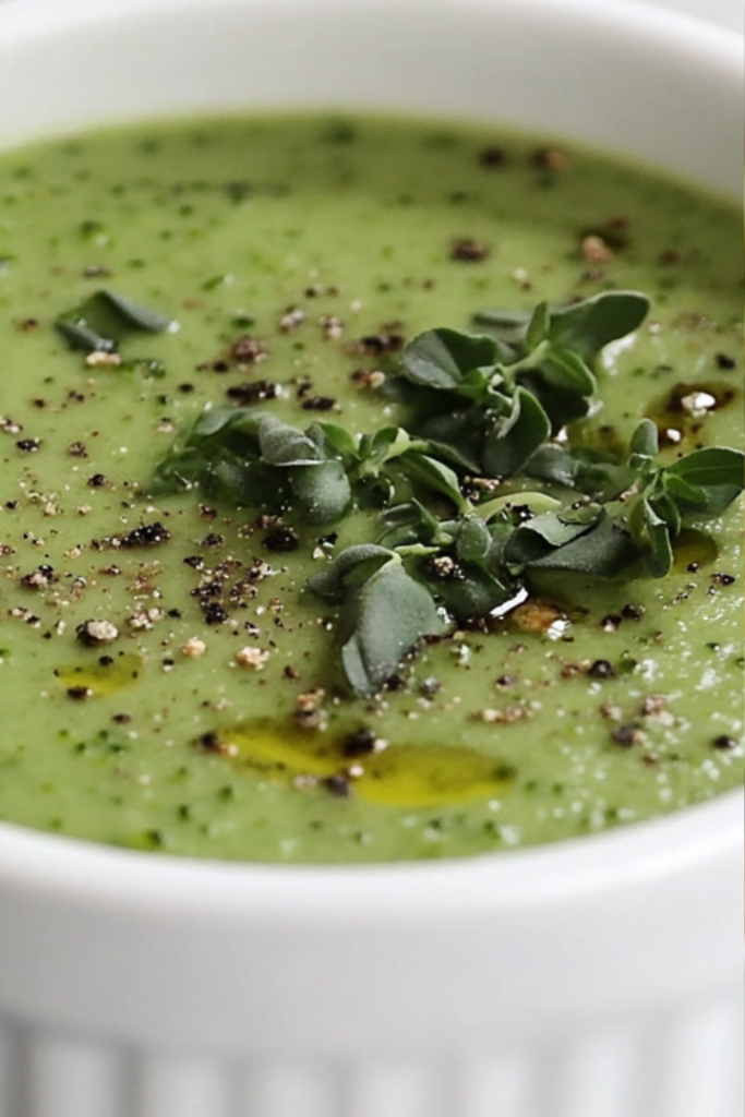 A bowl of creamy vegetable soup on a white marble countertop, garnished with a sprinkle of fresh herbs. A spoon rests beside the bowl, ready for serving. The soup is rich, velvety, and filled with vibrant colors.