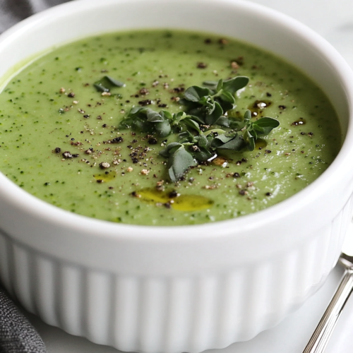 A bowl of creamy vegetable soup on a white marble countertop, garnished with a sprinkle of fresh herbs. A spoon rests beside the bowl, ready for serving. The soup is rich, velvety, and filled with vibrant colors.