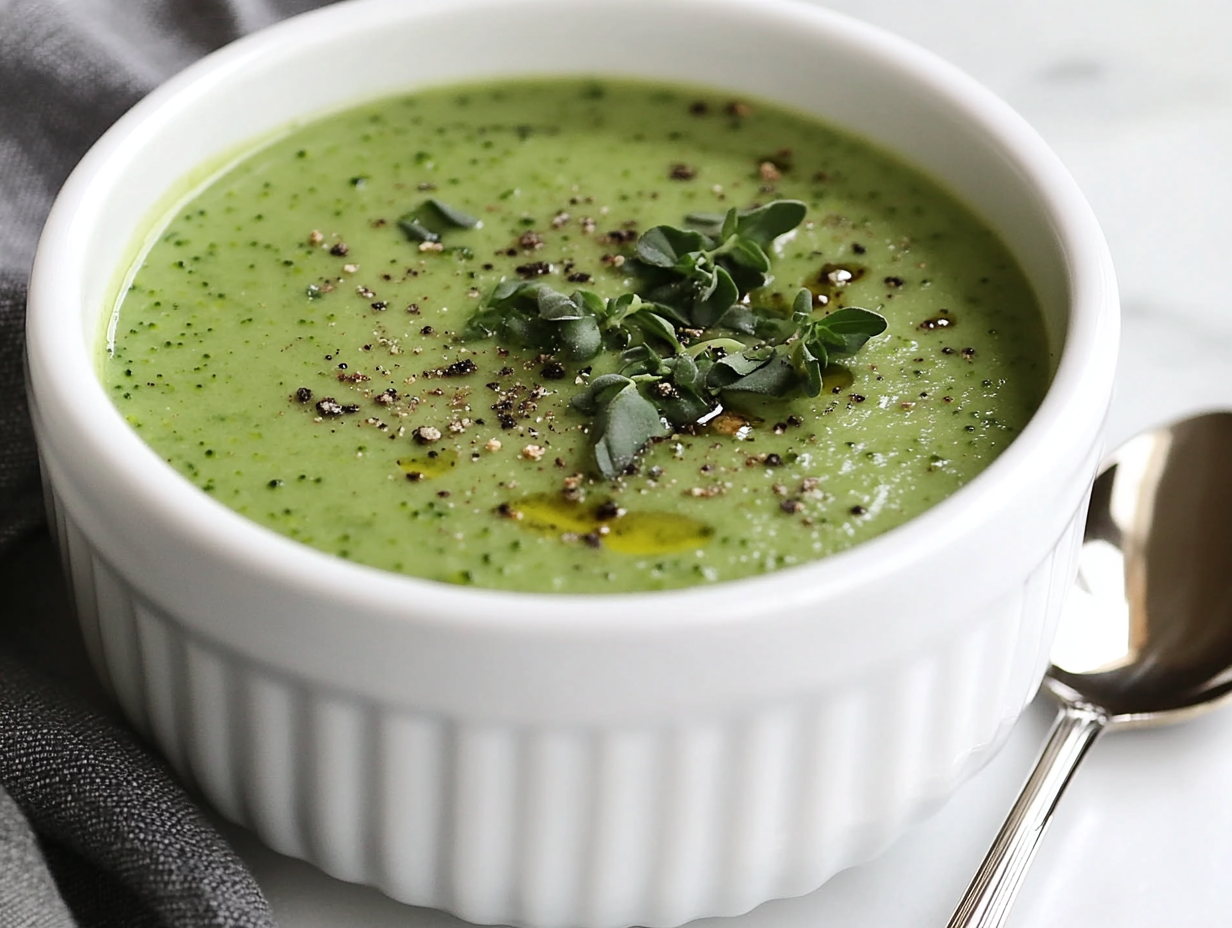 A bowl of creamy vegetable soup on a white marble countertop, garnished with a sprinkle of fresh herbs. A spoon rests beside the bowl, ready for serving. The soup is rich, velvety, and filled with vibrant colors.