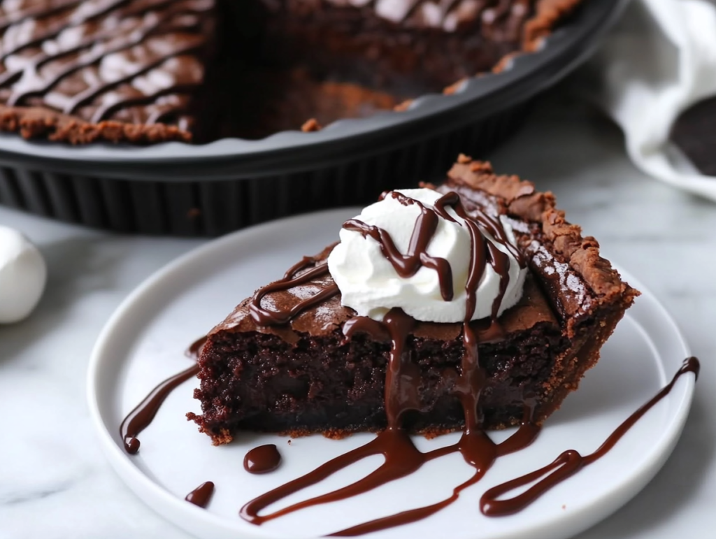 Close-up shot of a sliced piece of vegan brownie pie on a white marble plate, topped with a swirl of vegan whipped cream and drizzled with melted chocolate. The rest of the pie remains in the black pie pan, ready to be served.