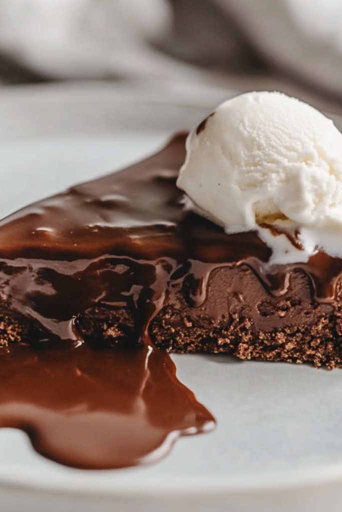 A serving plate on a white marble cooktop, featuring a warm scoop of Vegan Chocolate Pudding Cake with thick chocolate sauce pooling around it. A scoop of dairy-free vanilla ice cream melts on top.