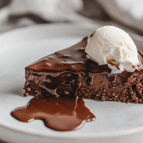 A serving plate on a white marble cooktop, featuring a warm scoop of Vegan Chocolate Pudding Cake with thick chocolate sauce pooling around it. A scoop of dairy-free vanilla ice cream melts on top.