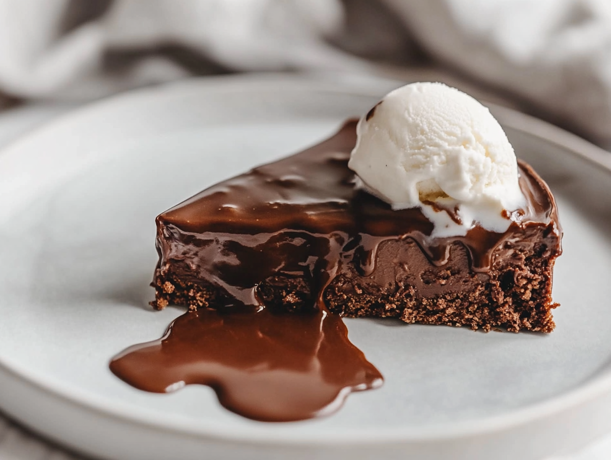 A serving plate on a white marble cooktop, featuring a warm scoop of Vegan Chocolate Pudding Cake with thick chocolate sauce pooling around it. A scoop of dairy-free vanilla ice cream melts on top.
