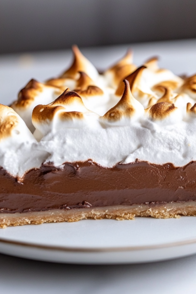 Close-up shot of a beautifully sliced Vegan Chocolate Meringue Pie on a plate, resting on the white marble cooktop. The chocolate filling is rich and creamy beneath the toasted meringue, with a fork taking a bite