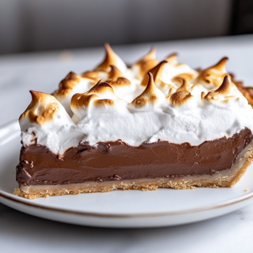 Close-up shot of a beautifully sliced Vegan Chocolate Meringue Pie on a plate, resting on the white marble cooktop. The chocolate filling is rich and creamy beneath the toasted meringue, with a fork taking a bite