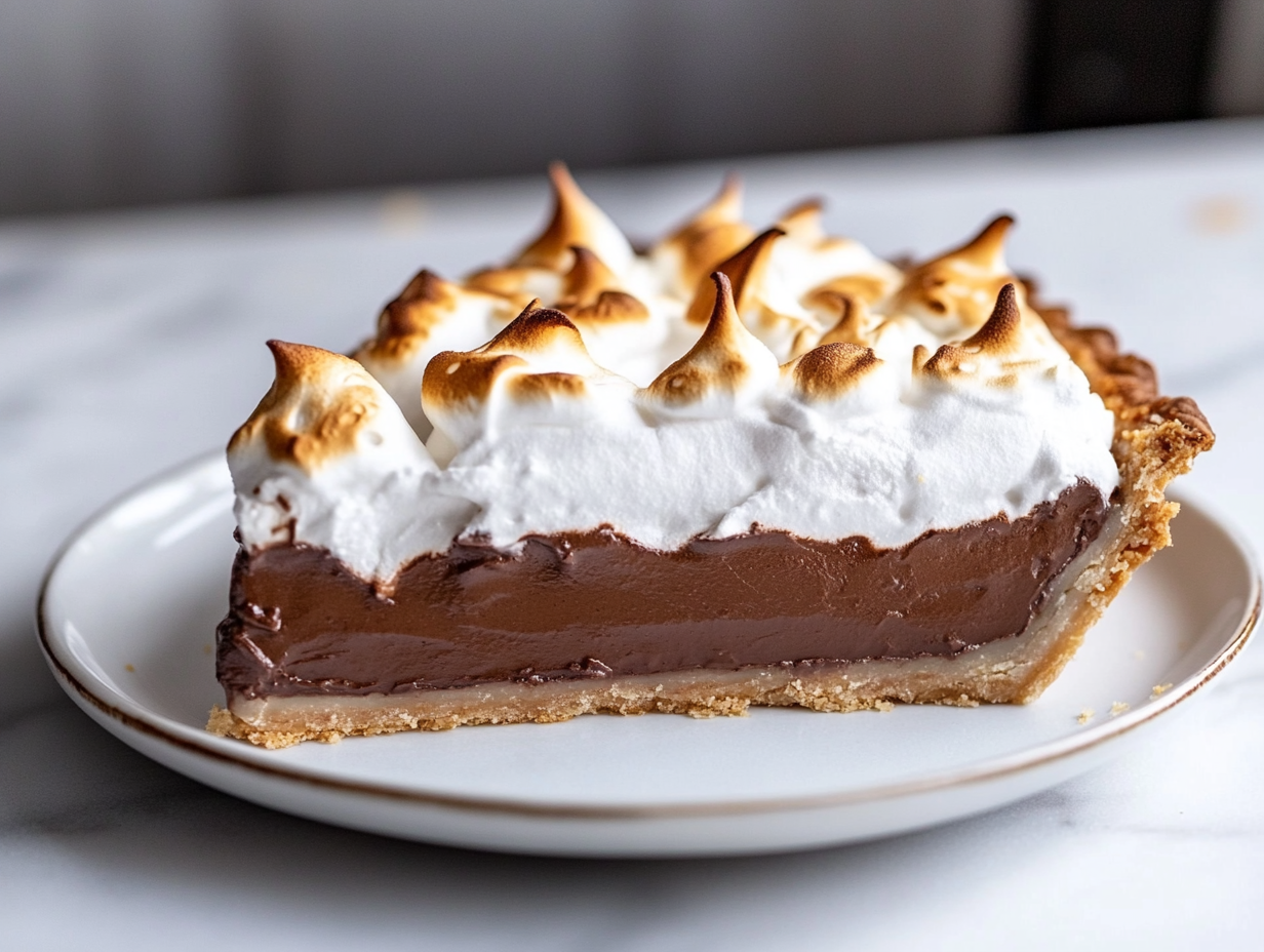 Close-up shot of a beautifully sliced Vegan Chocolate Meringue Pie on a plate, resting on the white marble cooktop. The chocolate filling is rich and creamy beneath the toasted meringue, with a fork taking a bite