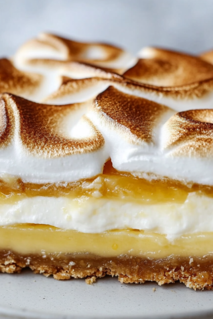 Close-up shot of a slice of Vegan Lemon Meringue Pie on a white plate, with layers of flaky crust, smooth lemon curd, and lightly toasted meringue. A fork takes a bite, revealing the creamy texture.