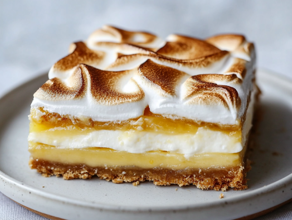 Close-up shot of a slice of Vegan Lemon Meringue Pie on a white plate, with layers of flaky crust, smooth lemon curd, and lightly toasted meringue. A fork takes a bite, revealing the creamy texture.