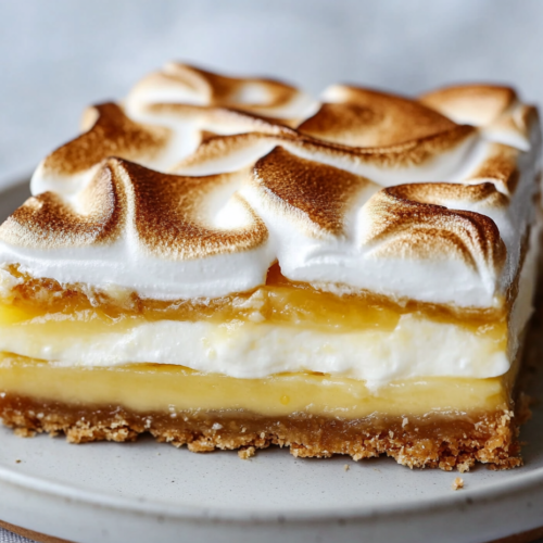 Close-up shot of a slice of Vegan Lemon Meringue Pie on a white plate, with layers of flaky crust, smooth lemon curd, and lightly toasted meringue. A fork takes a bite, revealing the creamy texture.