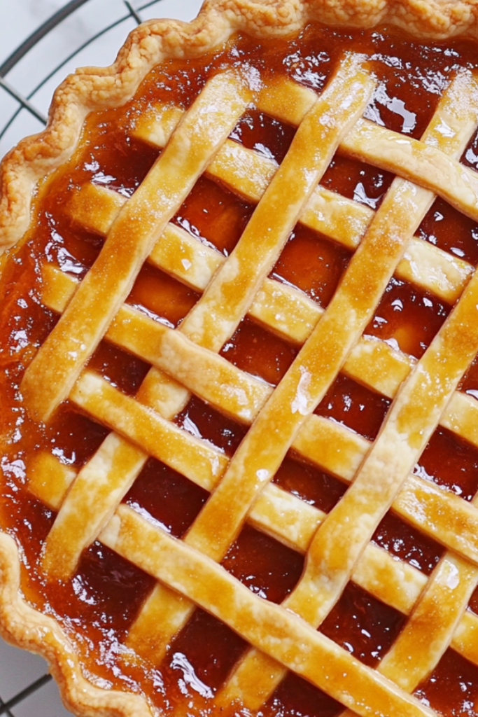 The tart is cooling on a wire rack on a white marble cooktop. The golden lattice and glossy jam filling are clearly visible.