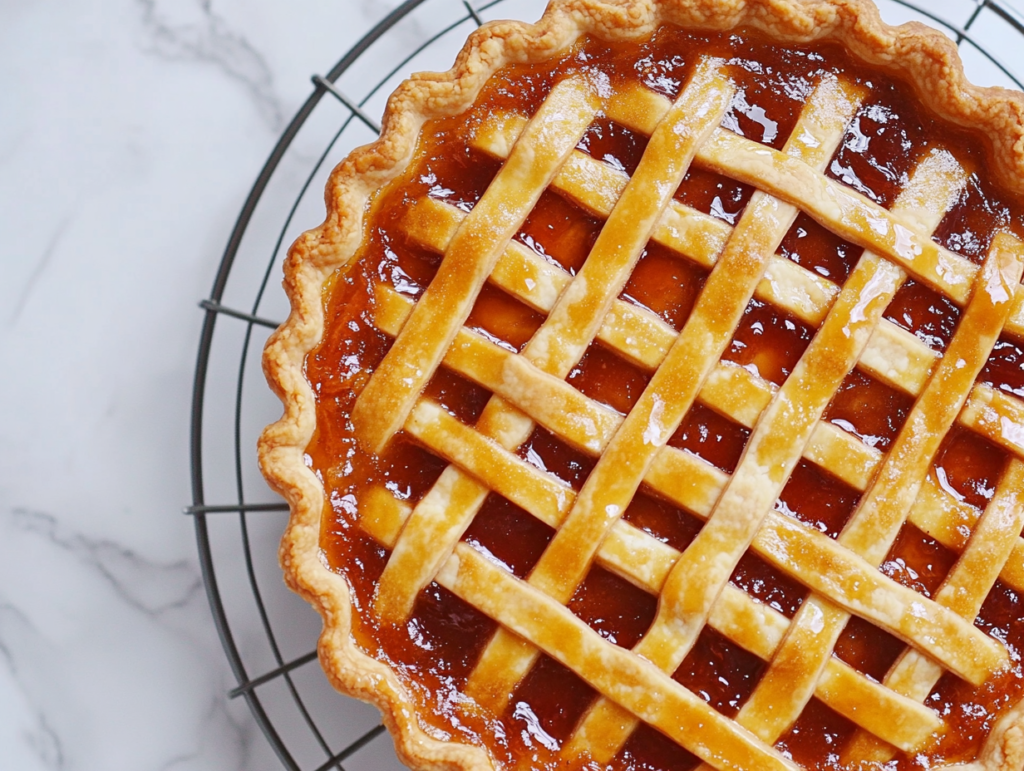 The tart is cooling on a wire rack on a white marble cooktop. The golden lattice and glossy jam filling are clearly visible.