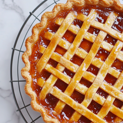 The tart is cooling on a wire rack on a white marble cooktop. The golden lattice and glossy jam filling are clearly visible.