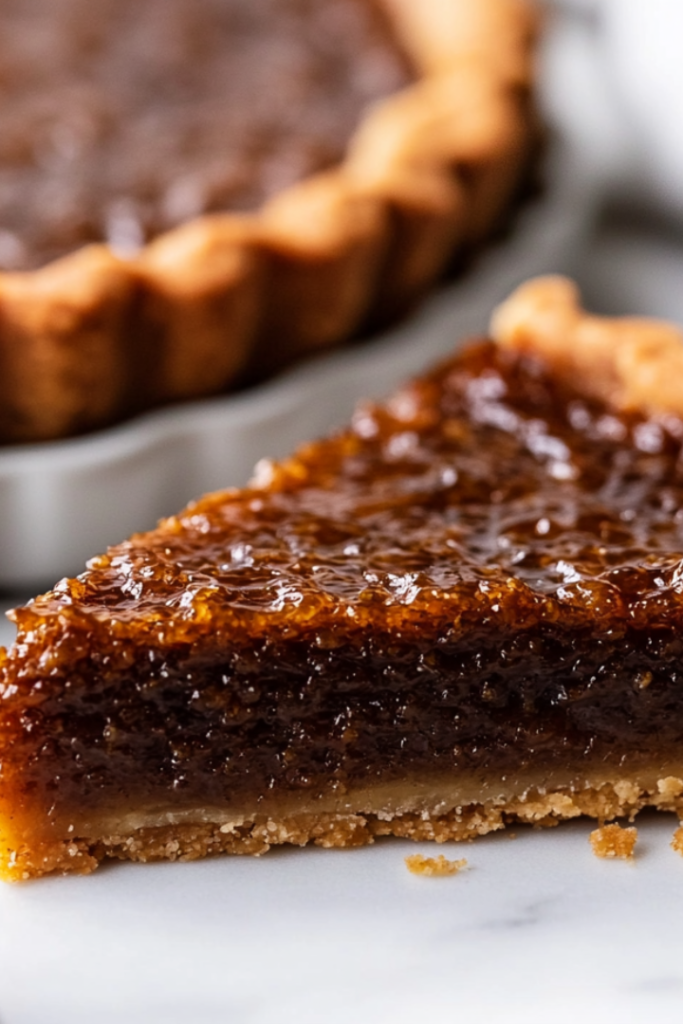 Close-up shot of a golden-brown Vegan Treacle Tart resting on a wooden serving board over the white marble cooktop. A slice is cut and lifted, revealing the sticky, sweet filling. A drizzle of vegan cream or a scoop of dairy-free ice cream sits beside the tart, ready to be enjoyed.