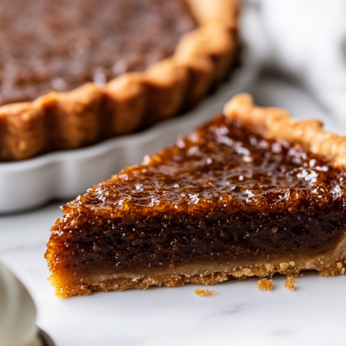 Close-up shot of a golden-brown Vegan Treacle Tart resting on a wooden serving board over the white marble cooktop. A slice is cut and lifted, revealing the sticky, sweet filling. A drizzle of vegan cream or a scoop of dairy-free ice cream sits beside the tart, ready to be enjoyed.