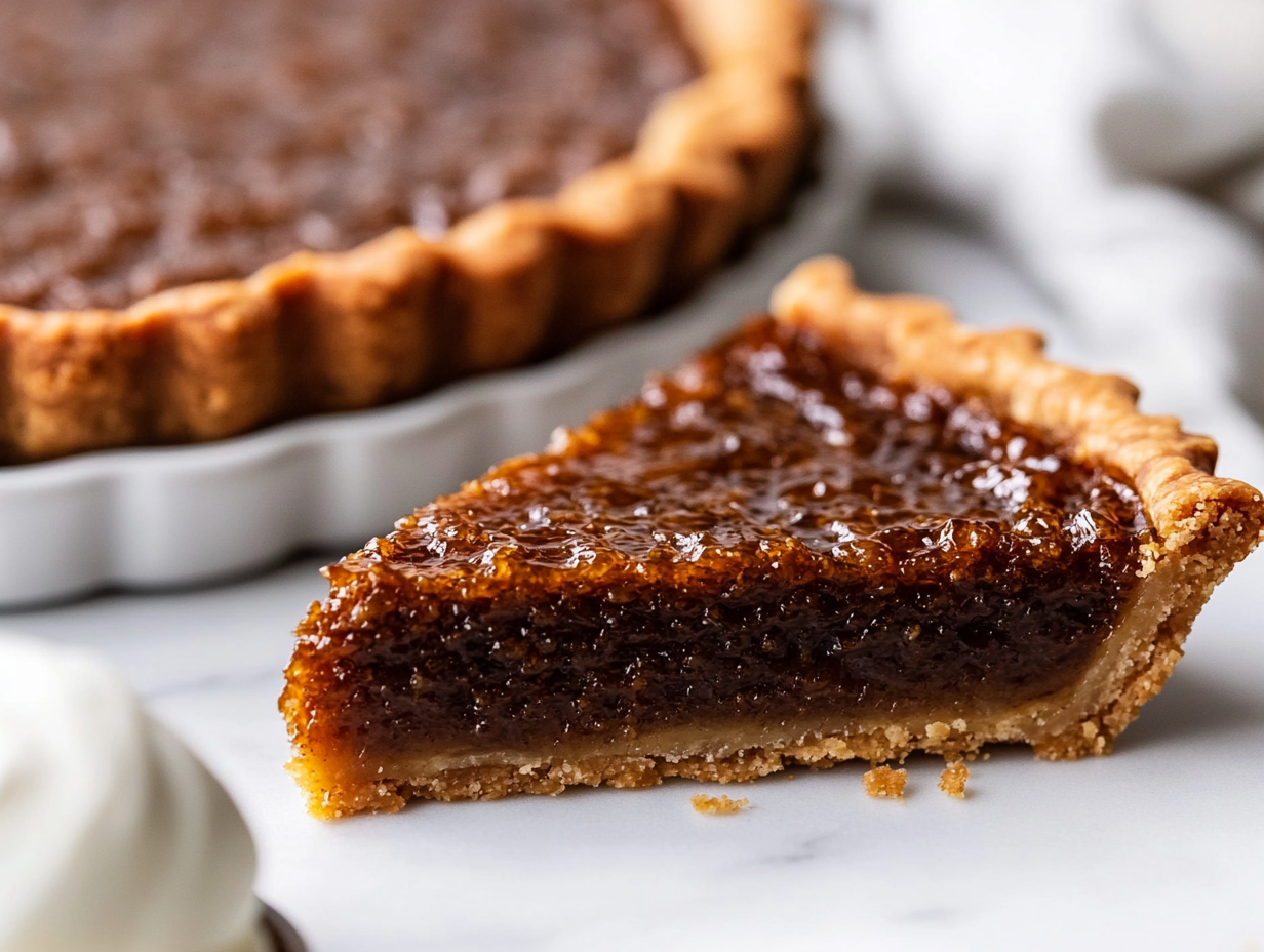 Close-up shot of a golden-brown Vegan Treacle Tart resting on a wooden serving board over the white marble cooktop. A slice is cut and lifted, revealing the sticky, sweet filling. A drizzle of vegan cream or a scoop of dairy-free ice cream sits beside the tart, ready to be enjoyed.