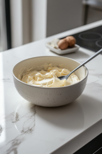 A mixing bowl on the white marble cooktop, with cream cheese and icing sugar being whipped together. A spoon stirs the fluffy, smooth mixture
