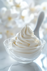 Close-up shot of a handheld electric mixer whipping heavy cream in a clear glass bowl on the white marble cooktop. The cream has thickened to stiff peaks, with the beaters coated in fluffy white swirls.
